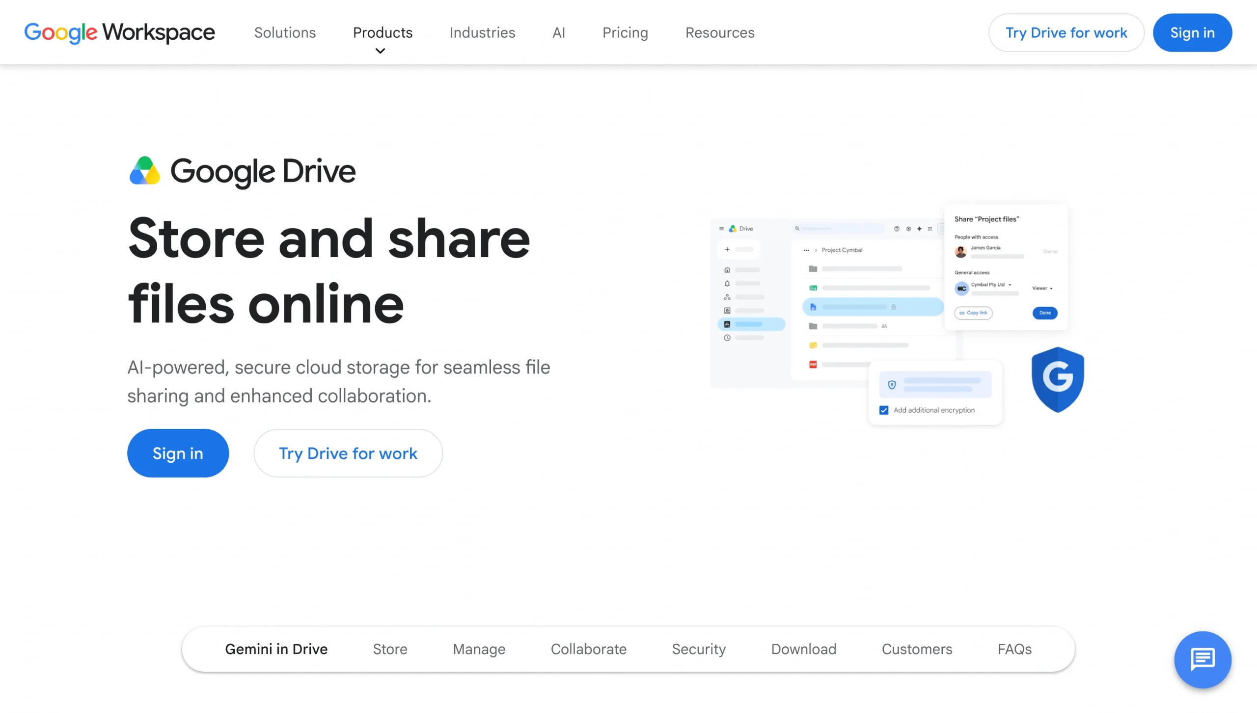 Google Drive homepage with “Store and share files online” headline