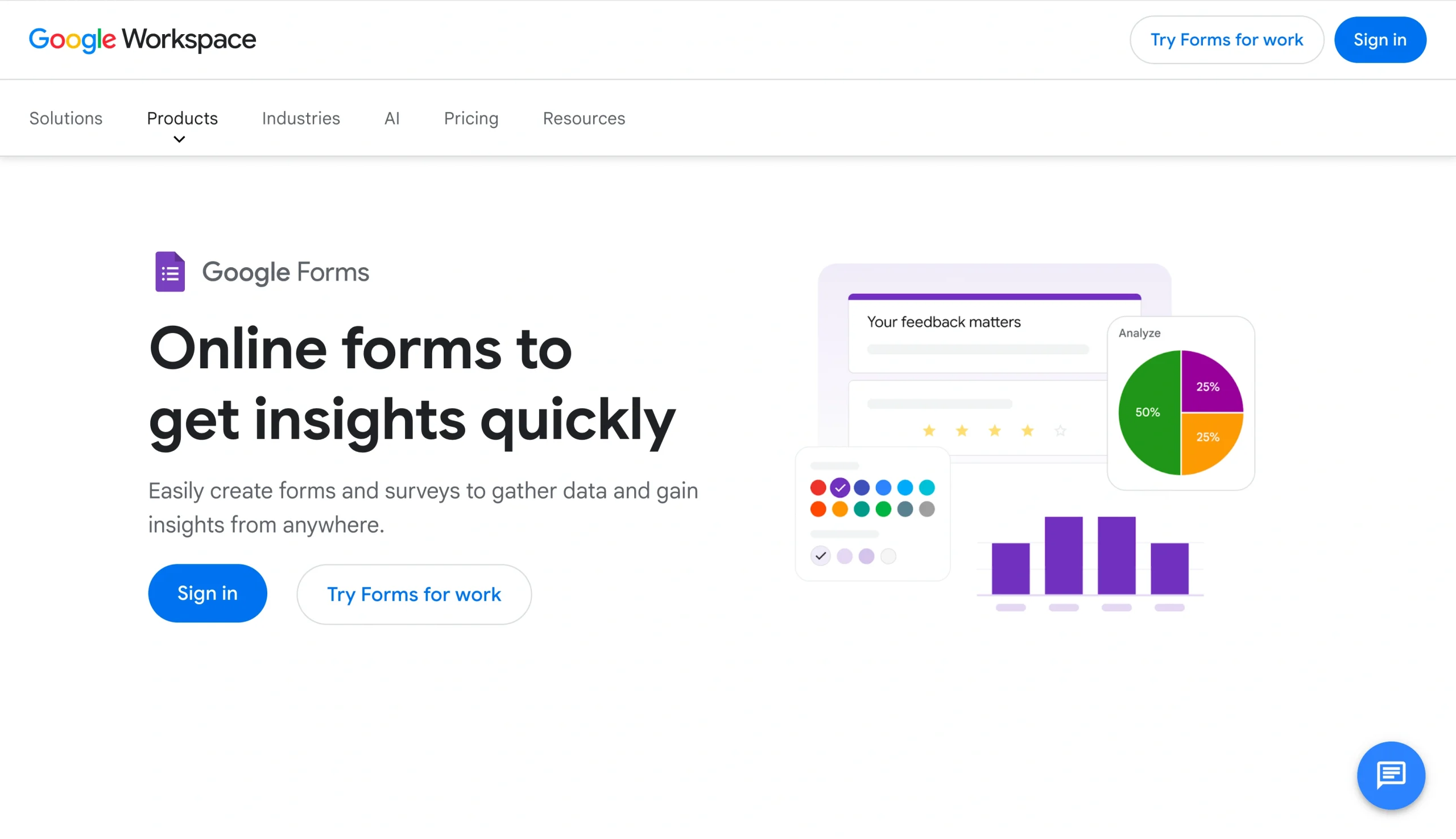 Screenshot of the Google Forms landing page, showing a headline "Online forms to get insights quickly"