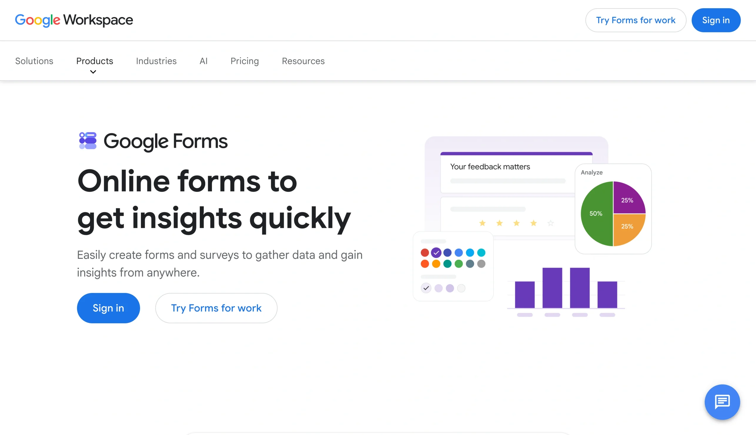 Screenshot of the Google Forms landing page, showing a headline "Online forms to get insights quickly"