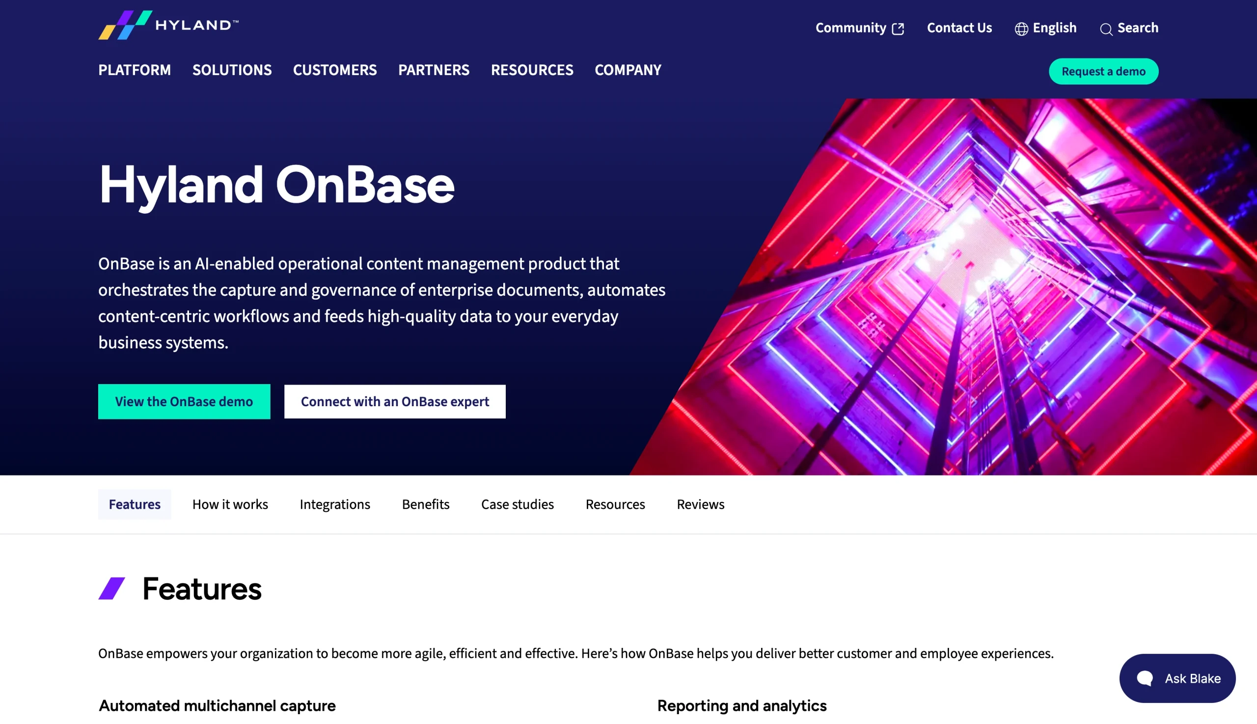 Screenshot of the Hyland OnBase landing page