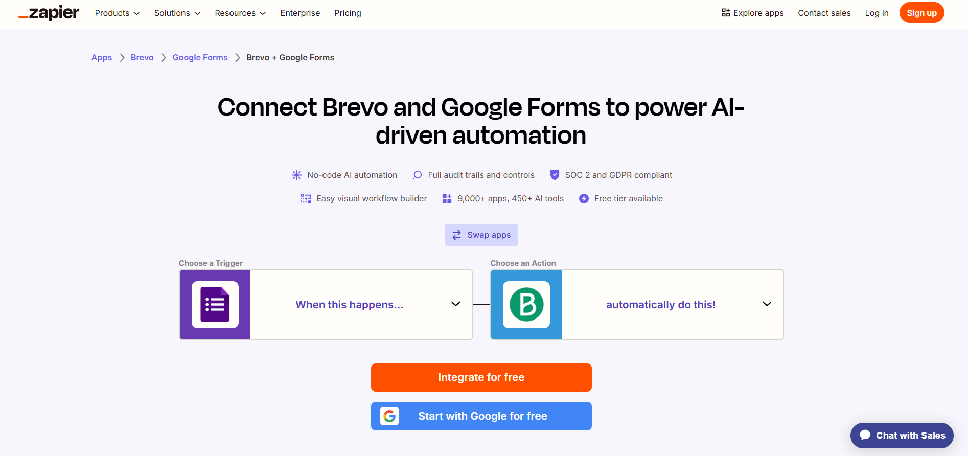 Zapier setup screen connecting Brevo and Google Forms