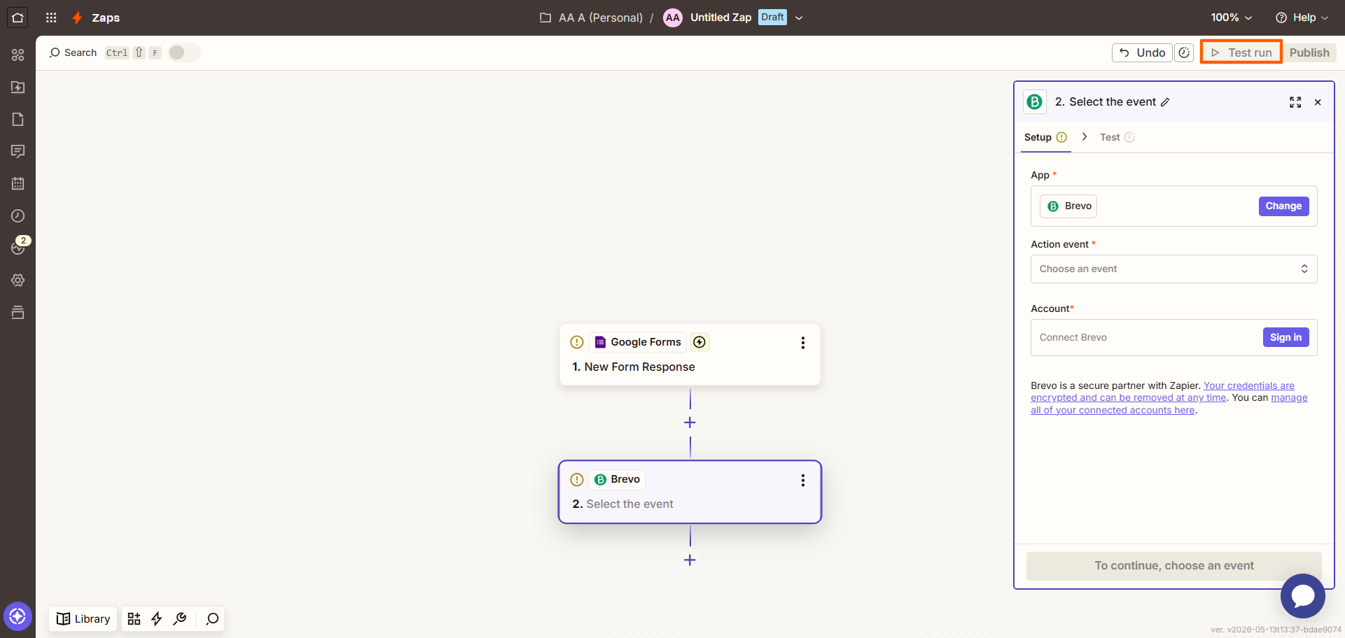Zapier workflow screen showing Google Forms trigger event options