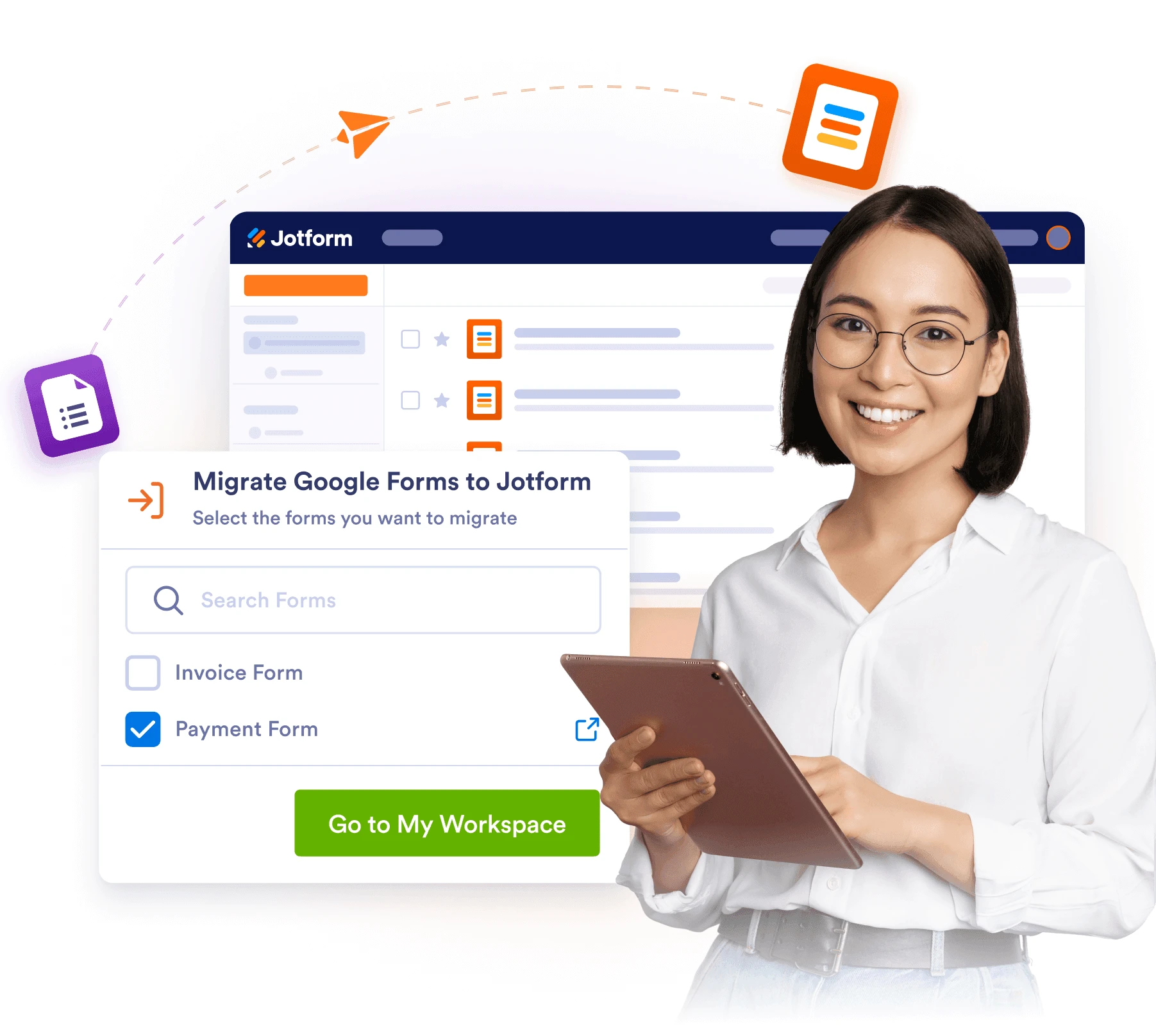 Jotform graphic showing a woman holding a clipboard beside a Google Forms migration screen