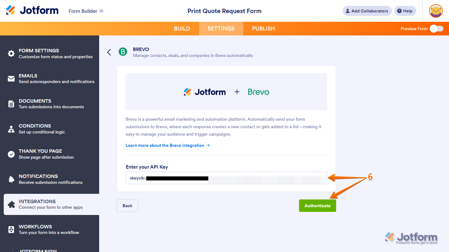 Jotform Brevo integration screen for entering a Brevo API key