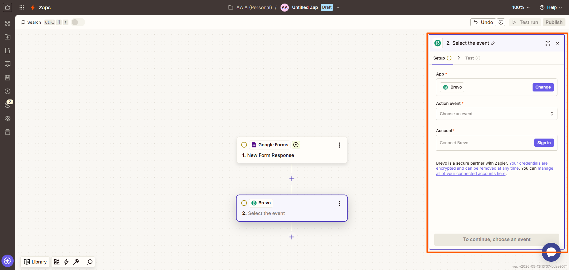 Zapier workflow screen with Google Forms selected as the trigger