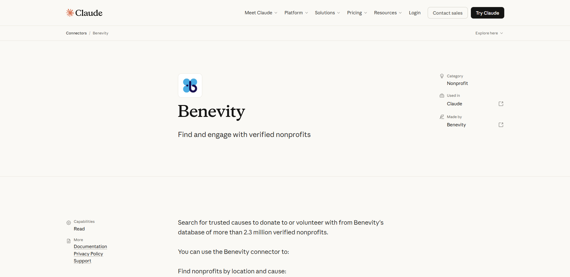Benevity's listing on the Claude connectors page with the words: "Find and engage with verified nonprofits"