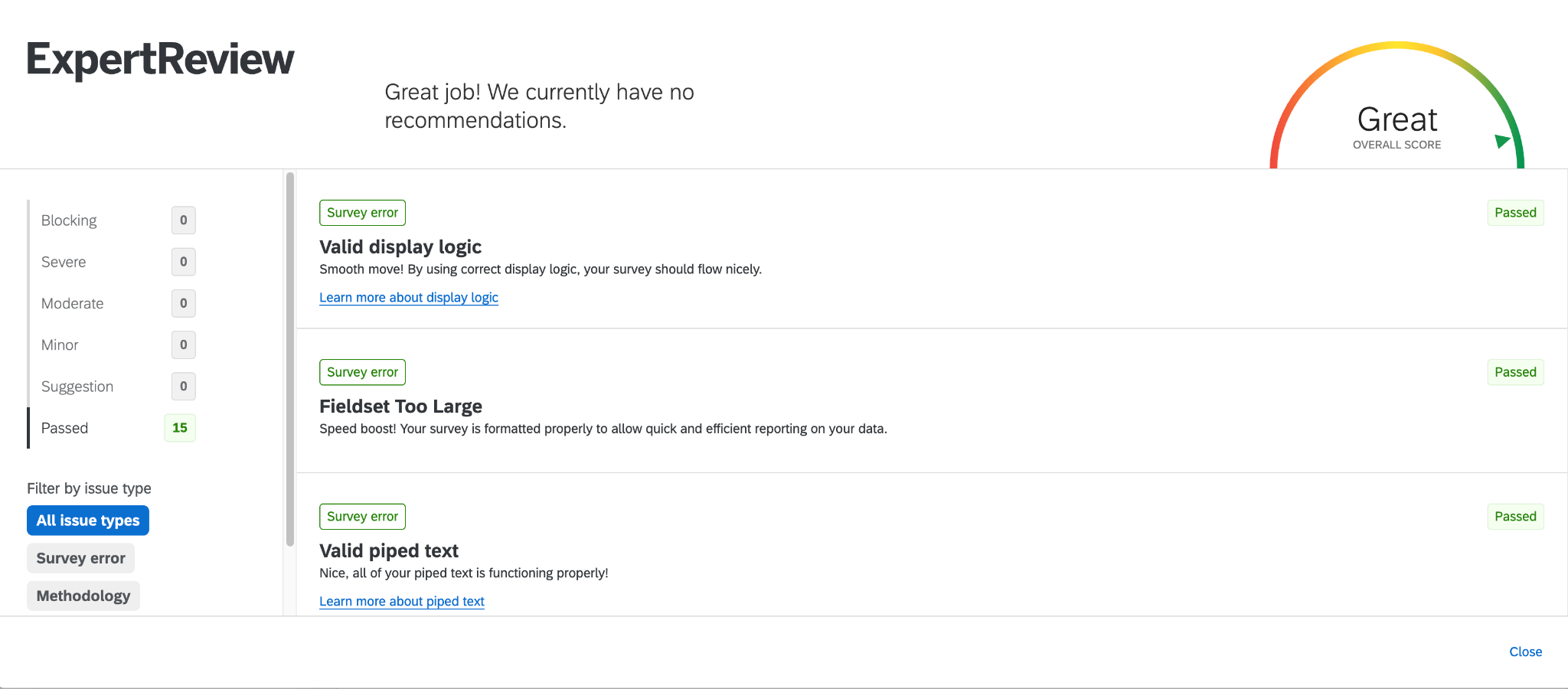 Qualtrics ExpertReview panel showing survey quality checks and recommendations