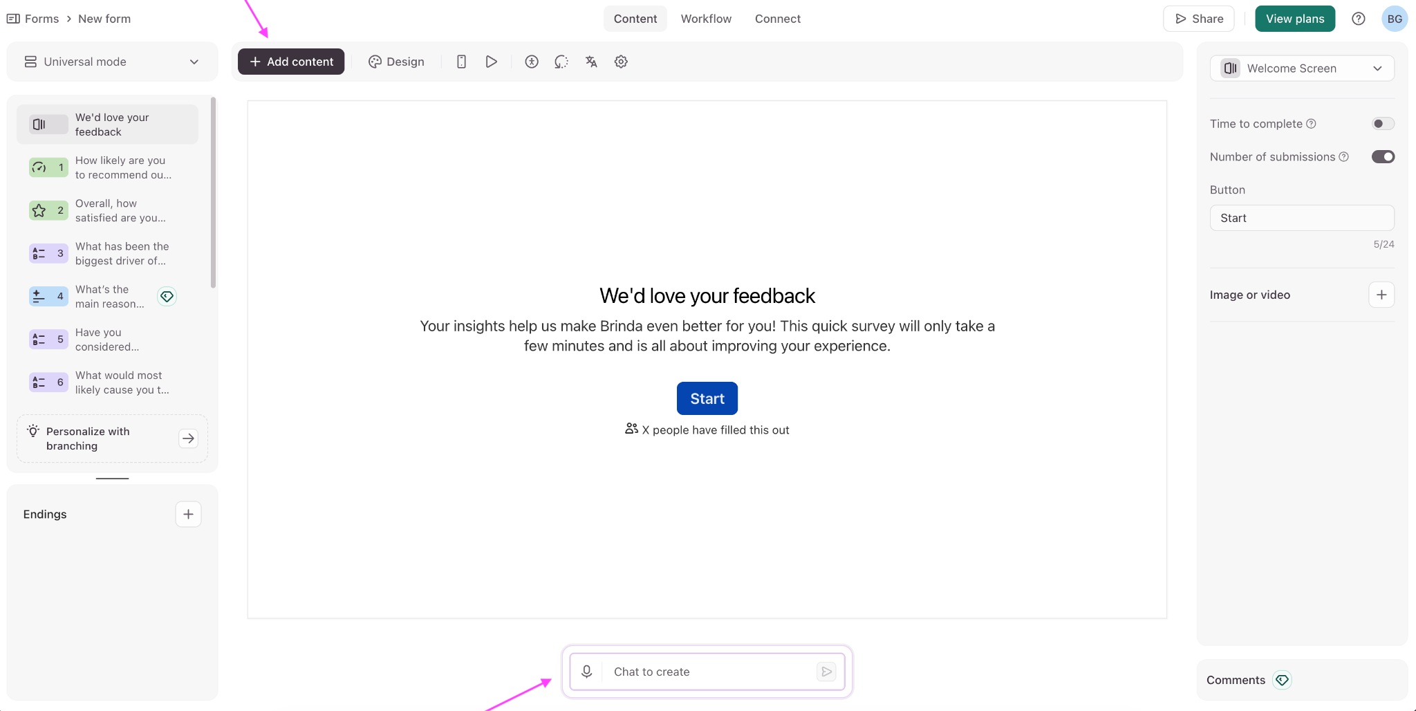 Typeform form builder showing survey questions and design settings