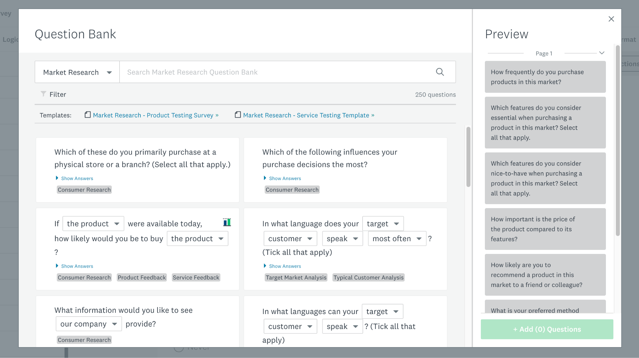 SurveyMonkey Question Bank showing categorized market research questions
