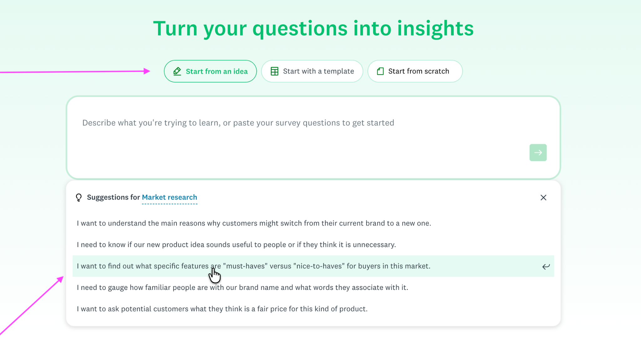 SurveyMonkey survey creation page with AI prompt and question suggestions