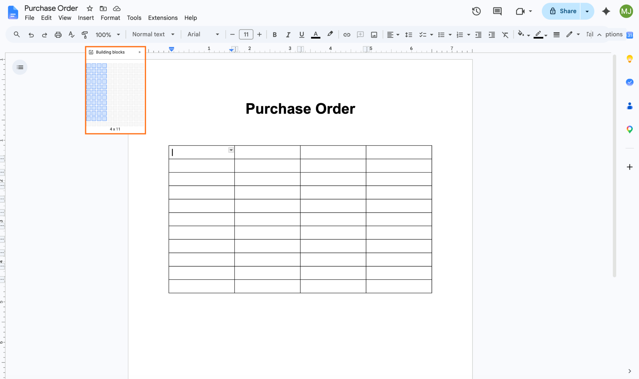 Google Docs interface showing a 4x11 table selected in the "Table" option of the "Insert" dropdown menu