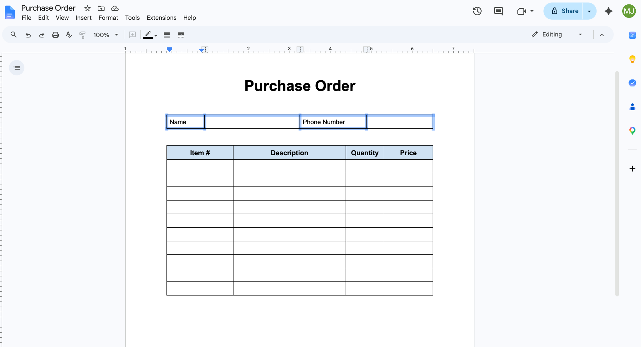 Google Docs interface showing borders of the "Name" and "Phone Number" table selected, minus the ones under the response fields