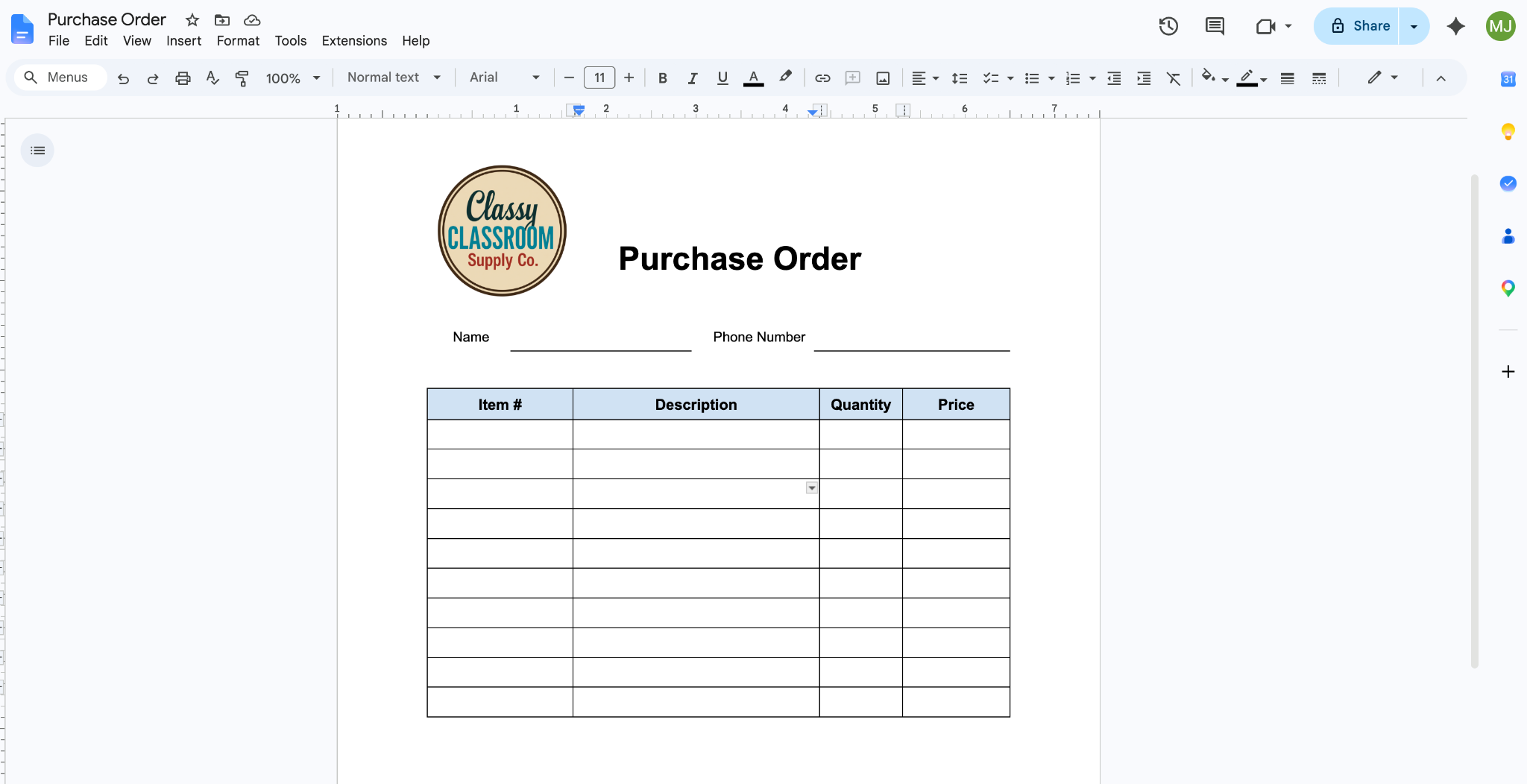 Google Docs interface showing the finalised "Purchase Order" document with a logo in the top left corner
