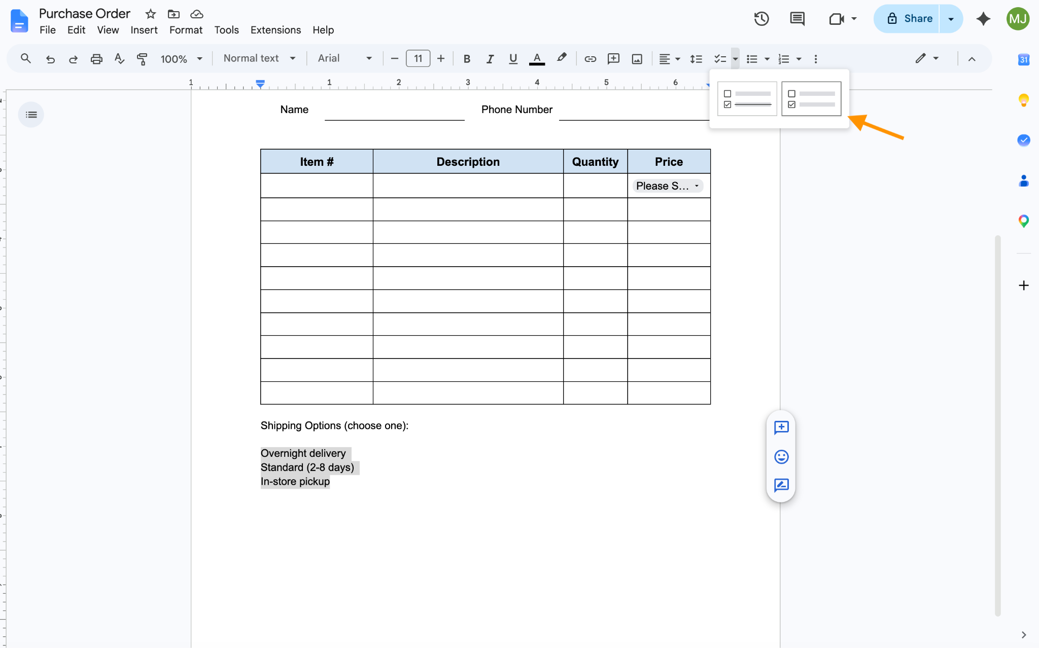 Google Docs interface showing the shipping options highlighted and an arrow pointing to the checkbox option on the right-hand side of the "Checklist" menu