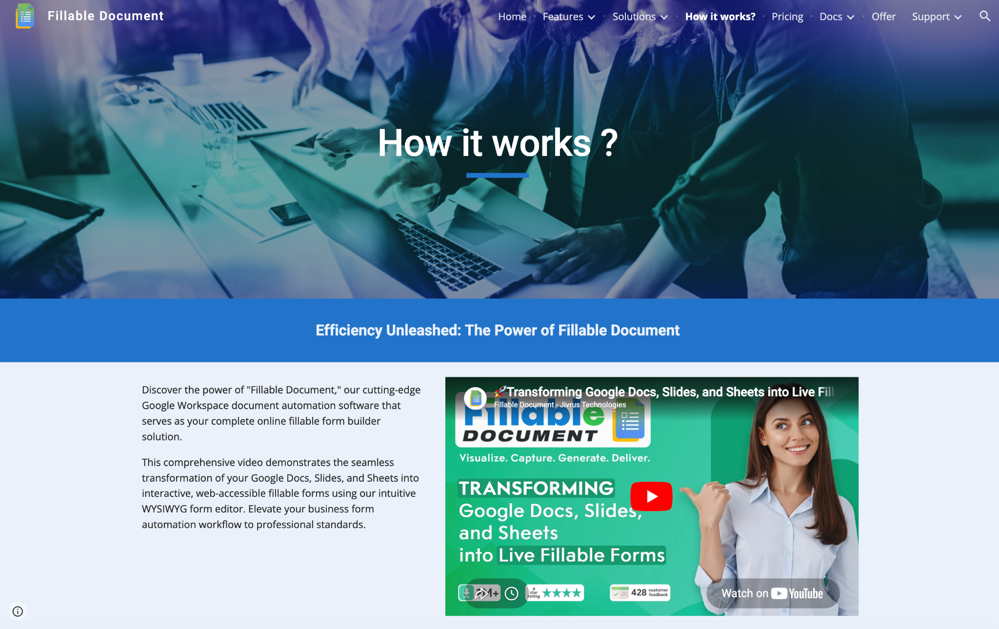 The Fillable Document Google Docs add-on website with the words "Efficiency Unleashed: The Power of Fillable Document" and a video demo showing how it works