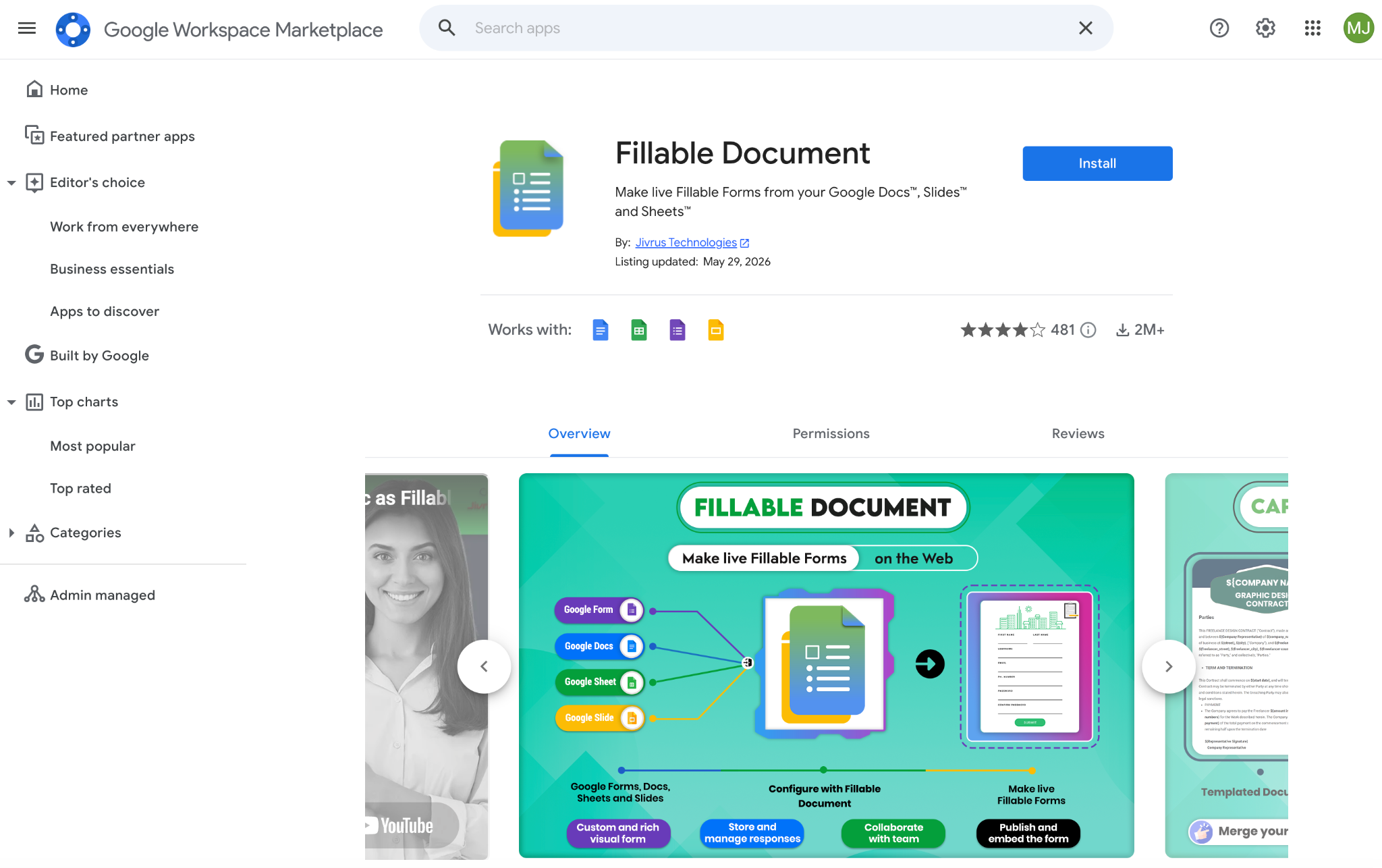 Fillable Document's page in the Google Workspace Marketplace showing the "Install" button in the top right