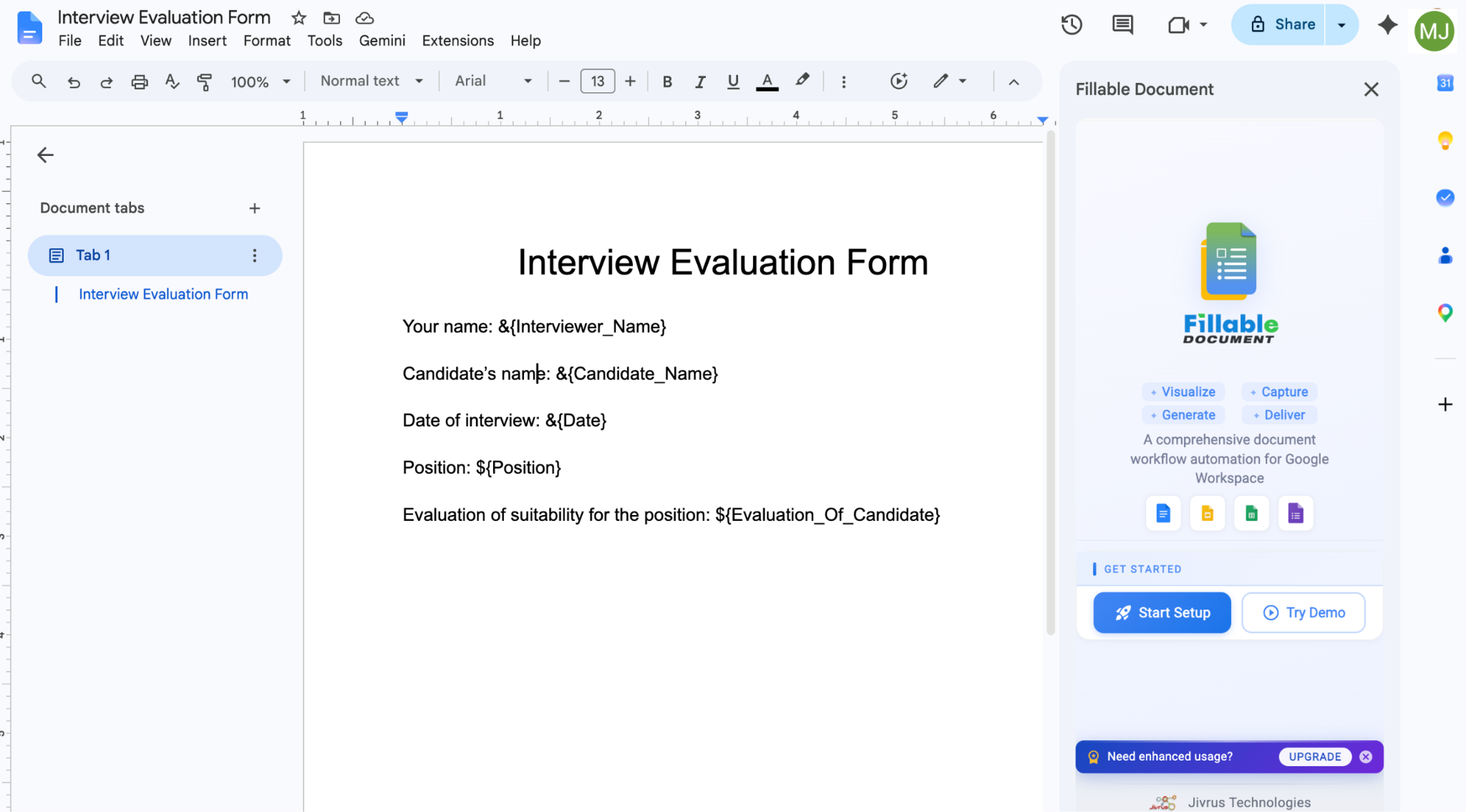 Google Docs interface showing the "Fillable Document" side menu and the "Start Setup" button