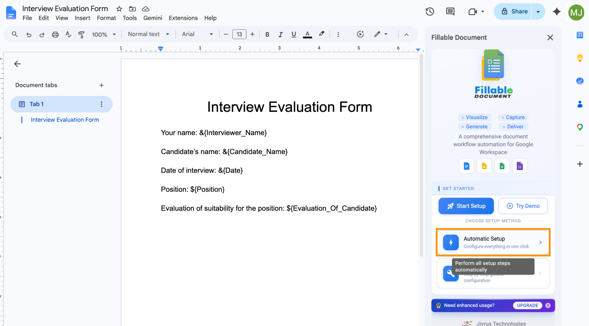 Google Docs interface showing the "Fillable Document" side menu and the "Automatic Setup" option under the "Start Setup" button