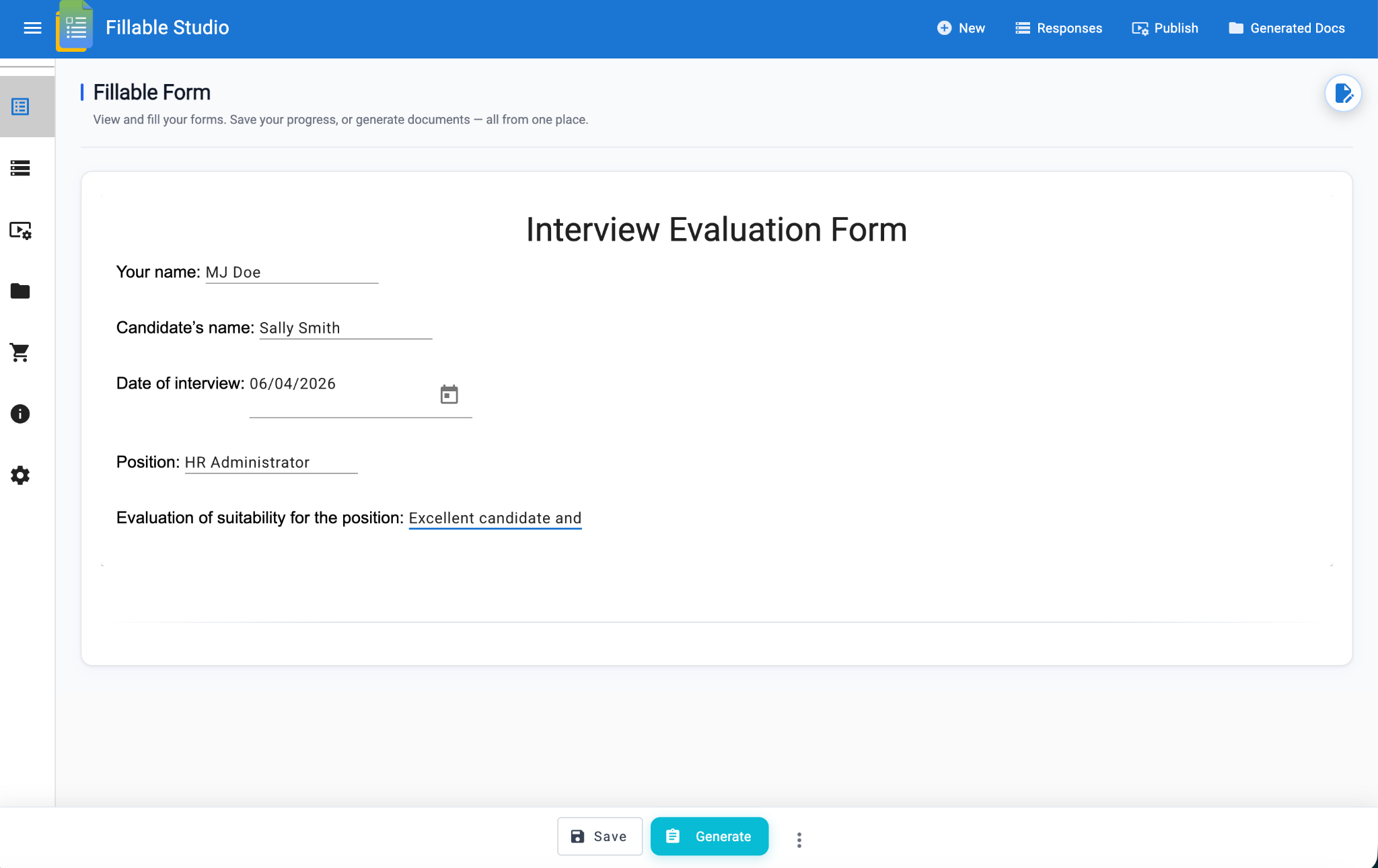 Fillable Studio interface showing the generated Interview Evaluation Form with the fields filled in
