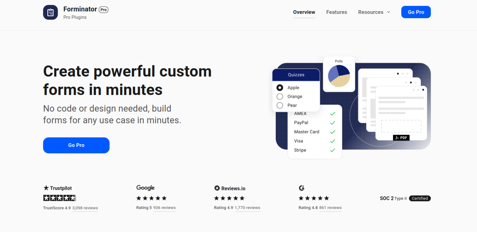 Screenshot of the Forminator landing page, showing a headline "Create powerful custom forms in minutes"