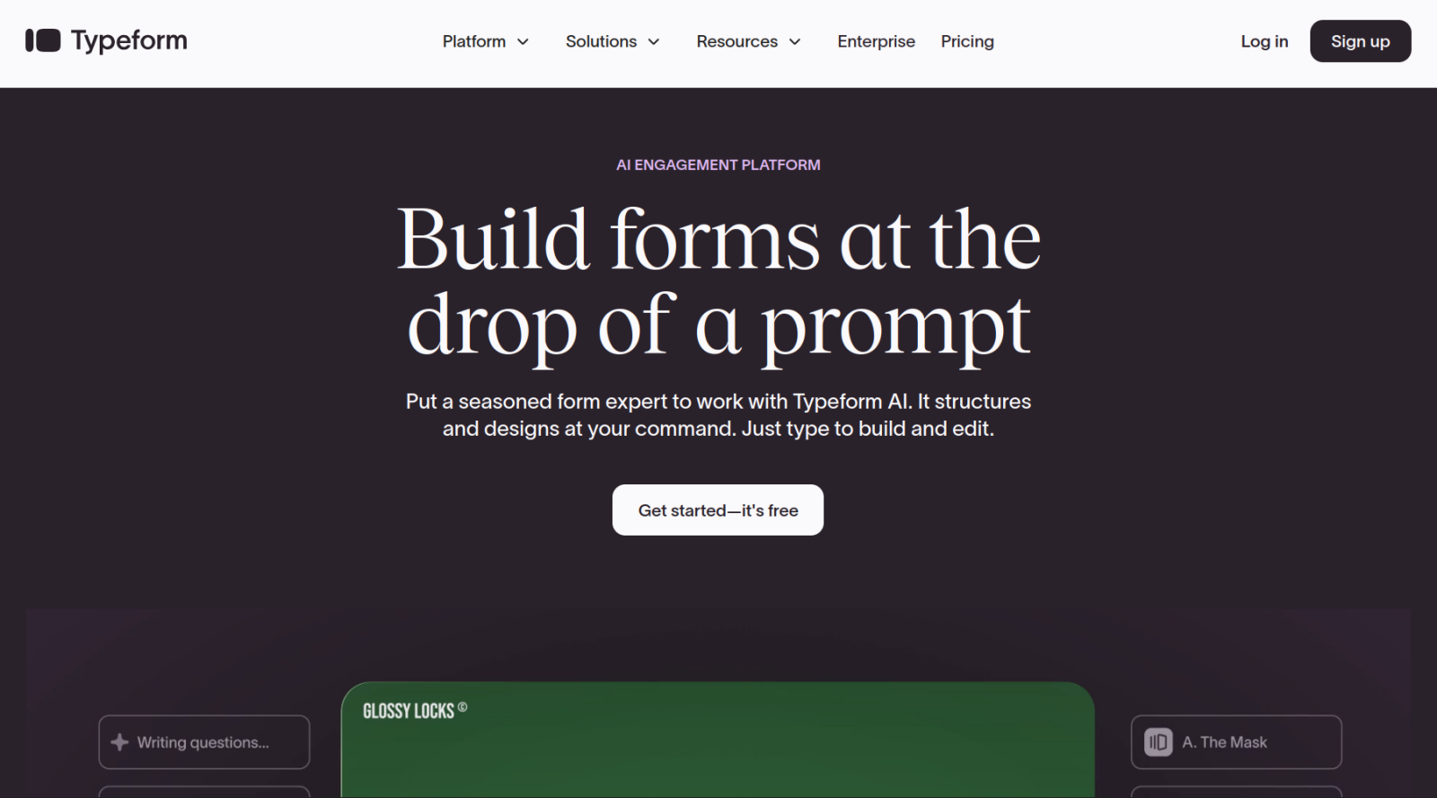 Screenshot of the Typeform landing page, showing a headline "Build forms at the drop of a prompt"