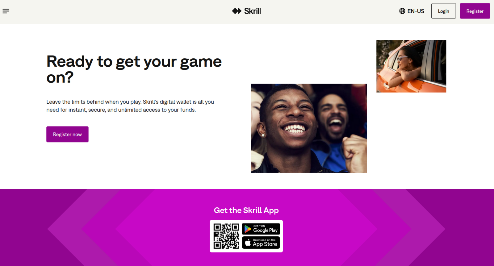 Skrill website with the words: "Ready to get your game on?"