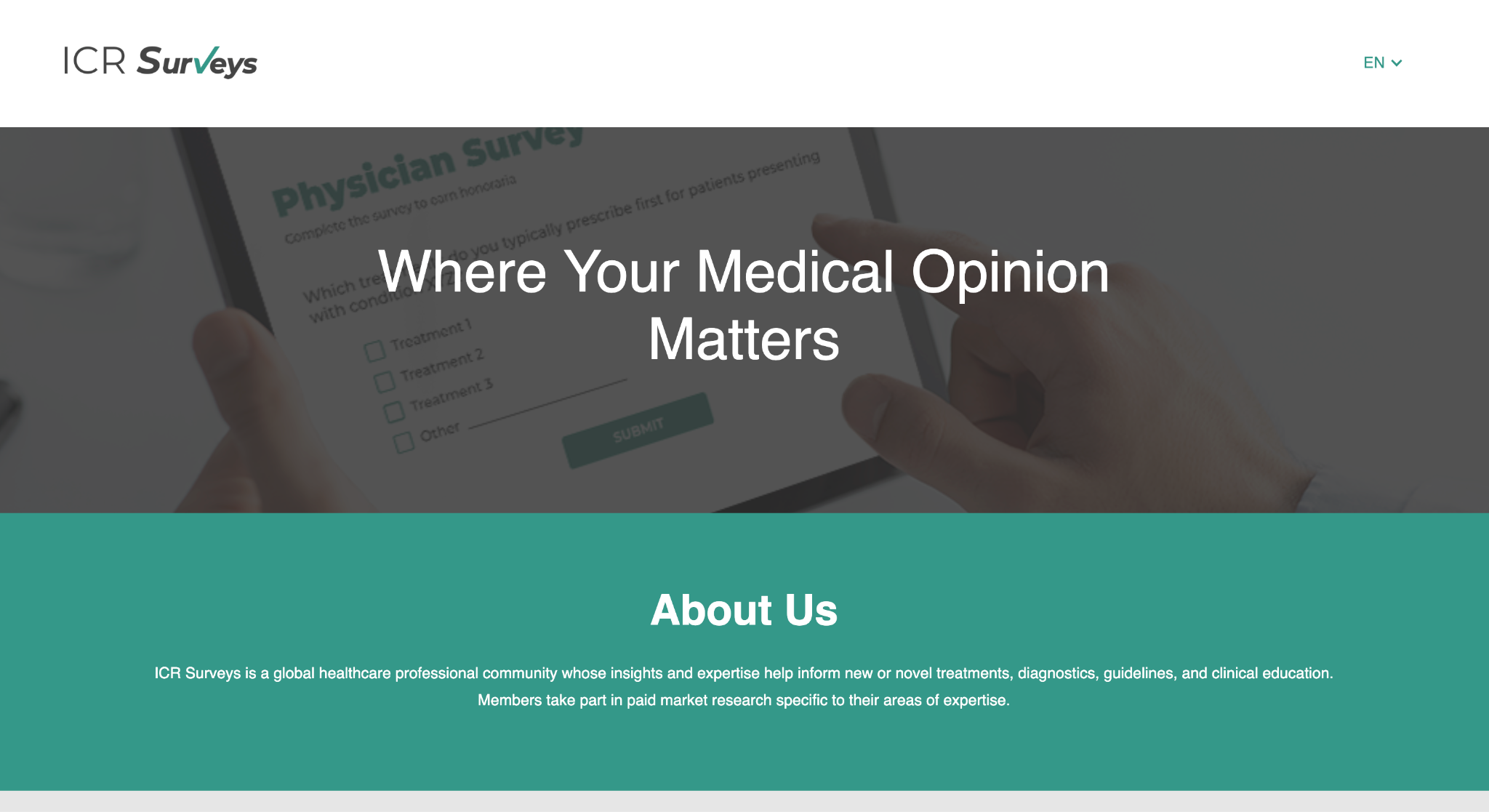Screenshot of the ICR Surveys landing page, showing