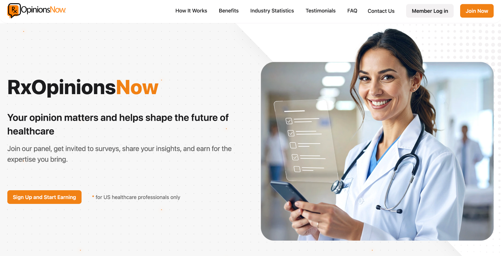 Screenshot of the RxOpinionsNow landing page