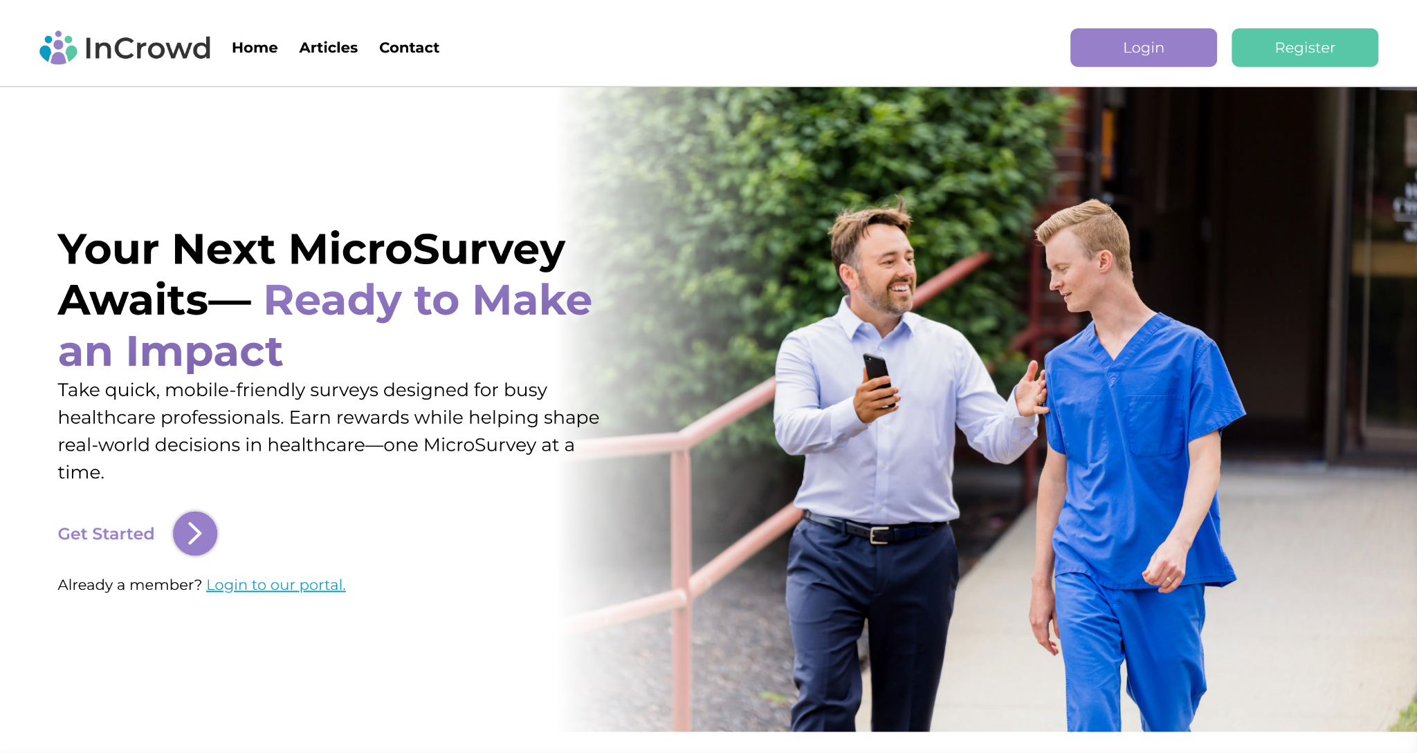 Screenshot of the InCrowne landing page, showing a headline "Your Next MicroSurvey Awaits - Ready to Make an Impact"