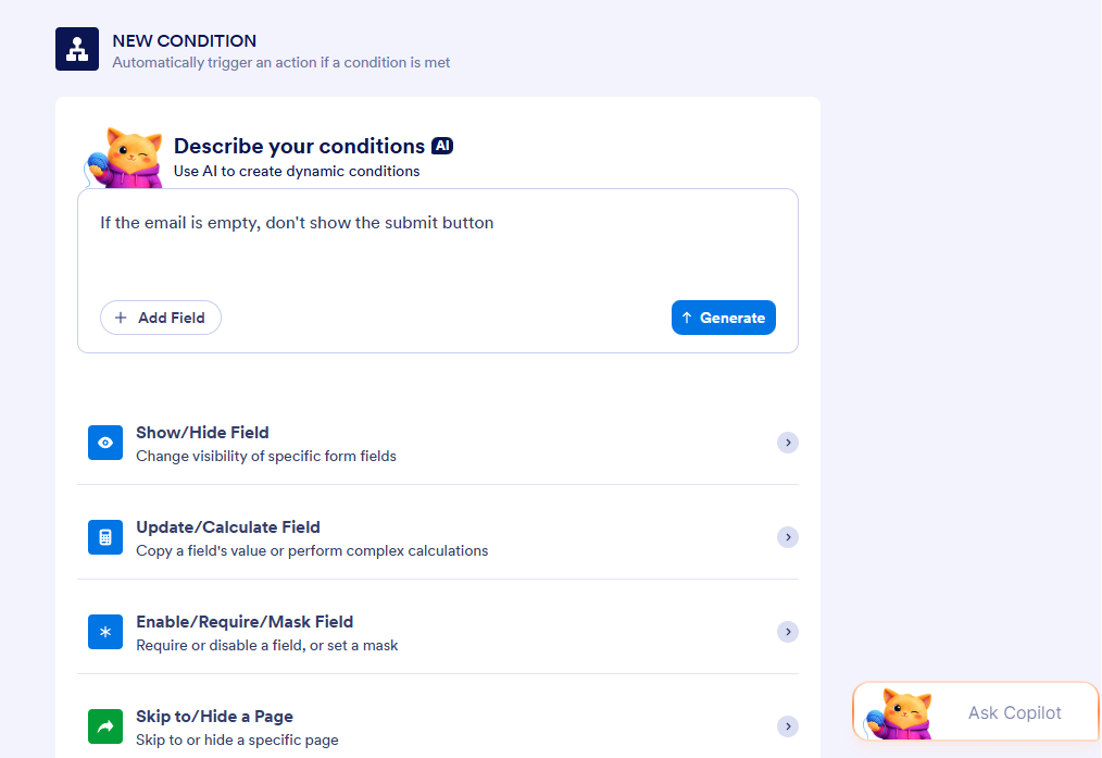 Jotform Form Builder interface showing the conditional logic settings with Jotform's AI Copilot