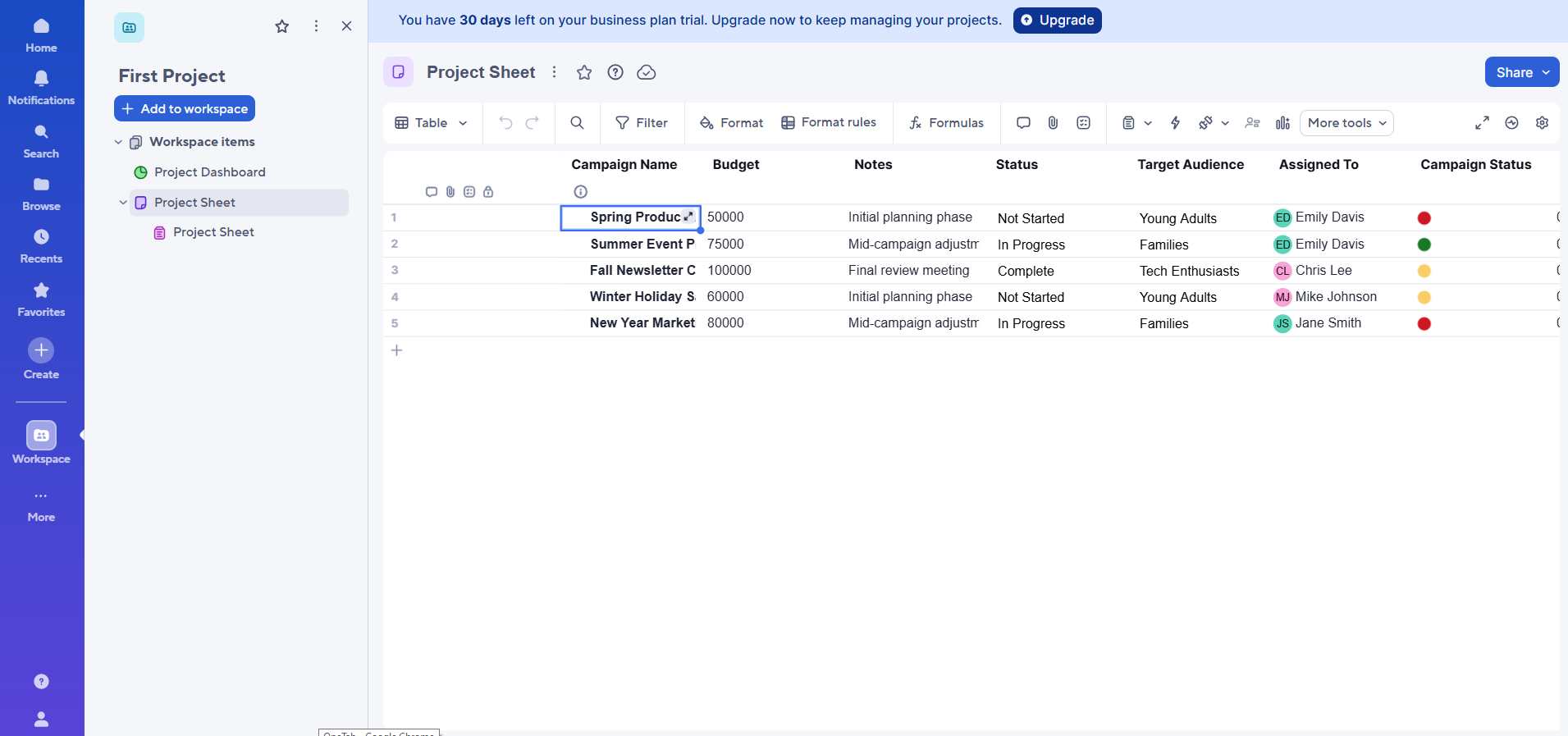 Smartsheet interface showing an example sheet