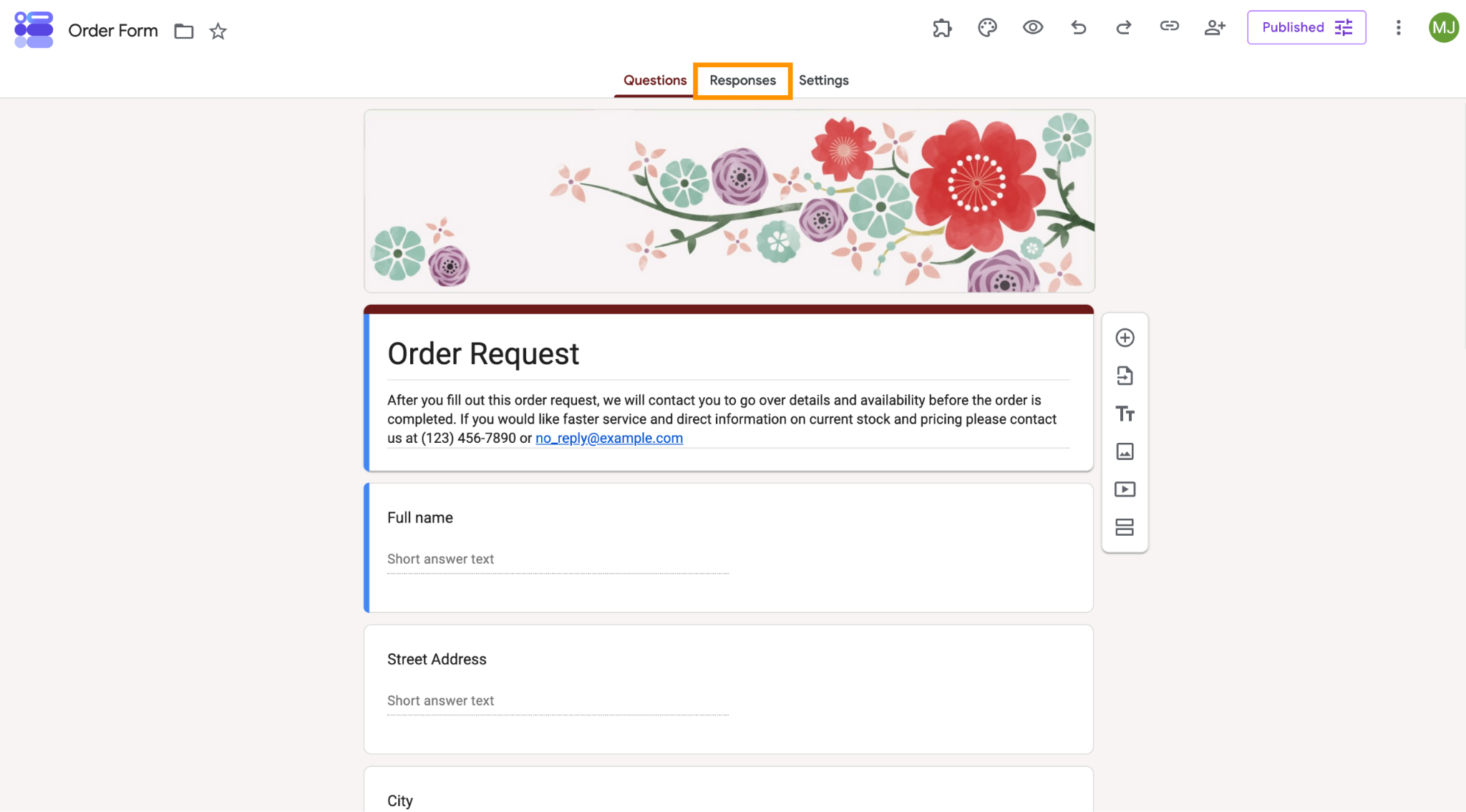 Google Forms interface with the "Responses" tab highlighted