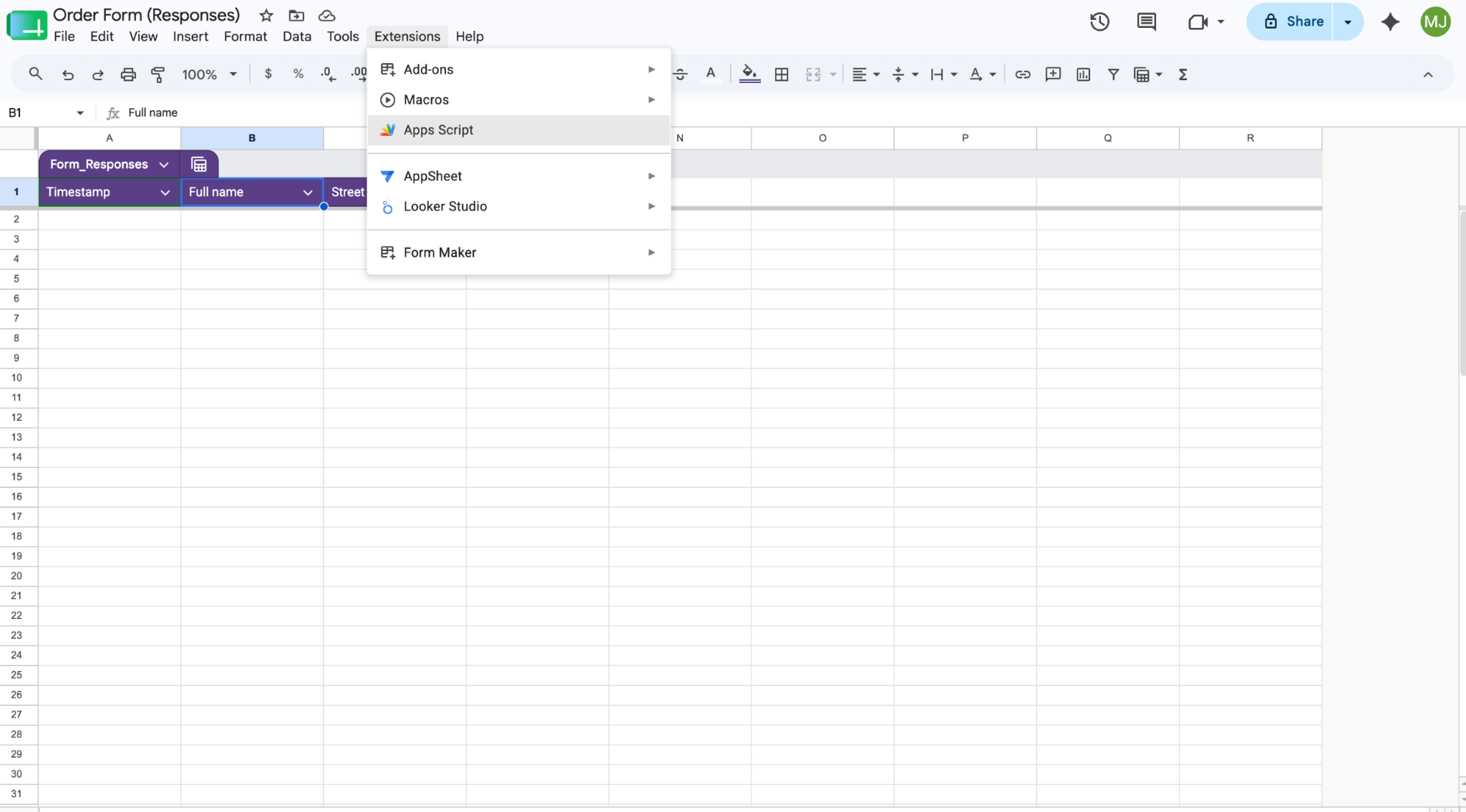 Google Sheets interface showing the "Apps Script" option in the "Extensions" dropdown menu