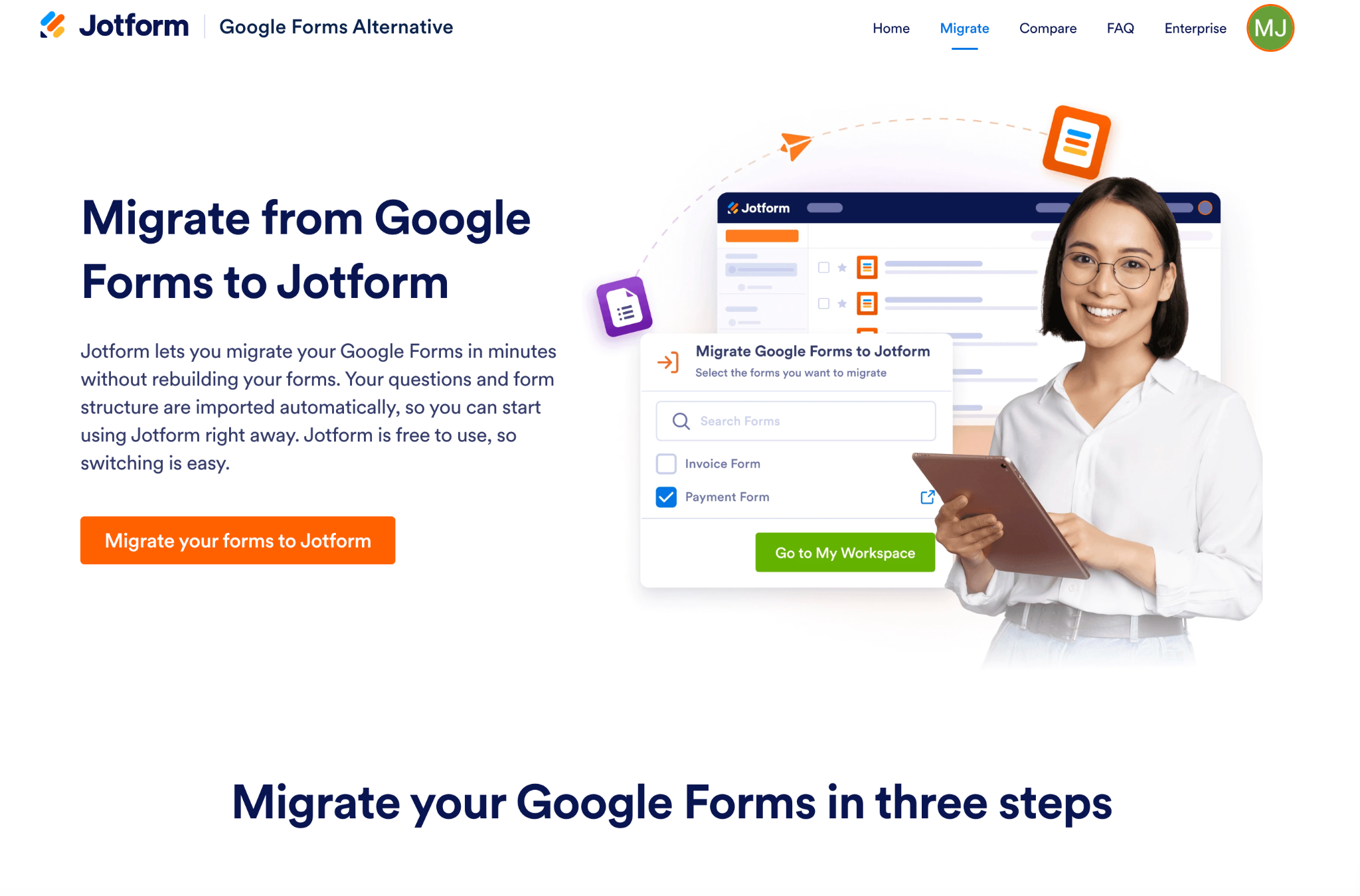 Jotform's Google Forms Alternative landing page with the words: "Migrate from Google Forms to Jotform"