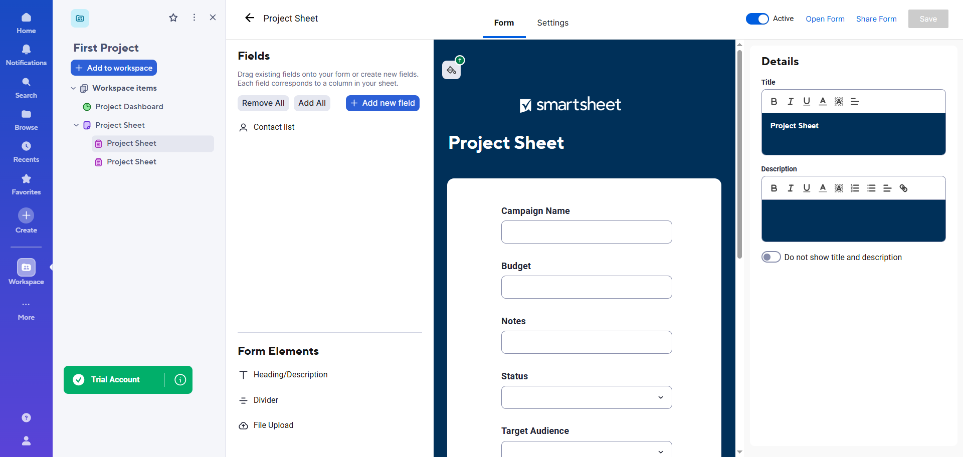 Smartsheet interface showing a form in the form builder, with the option to add or remove fields and form elements