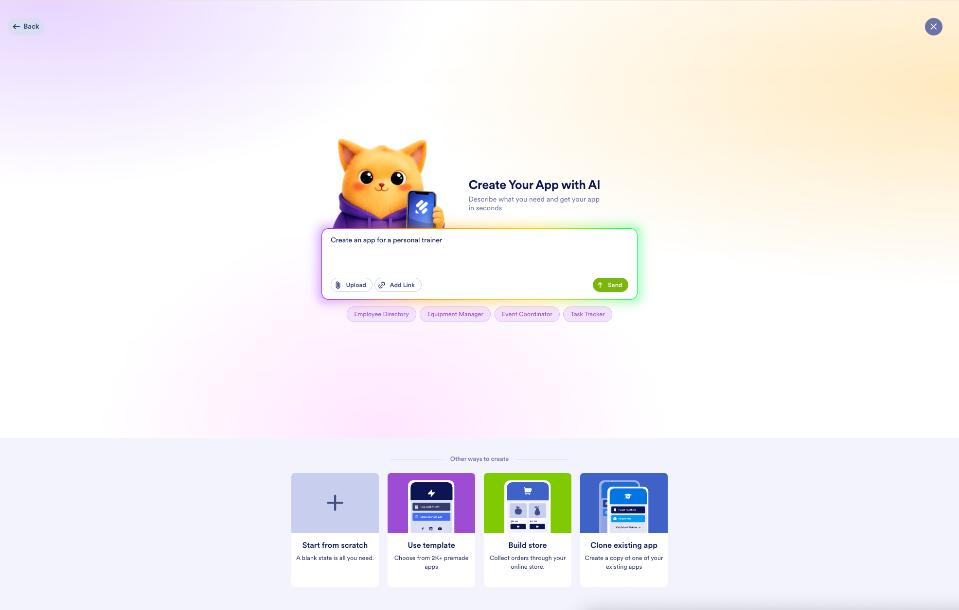 Describing the idea and then clicking on the Send button on the Create page