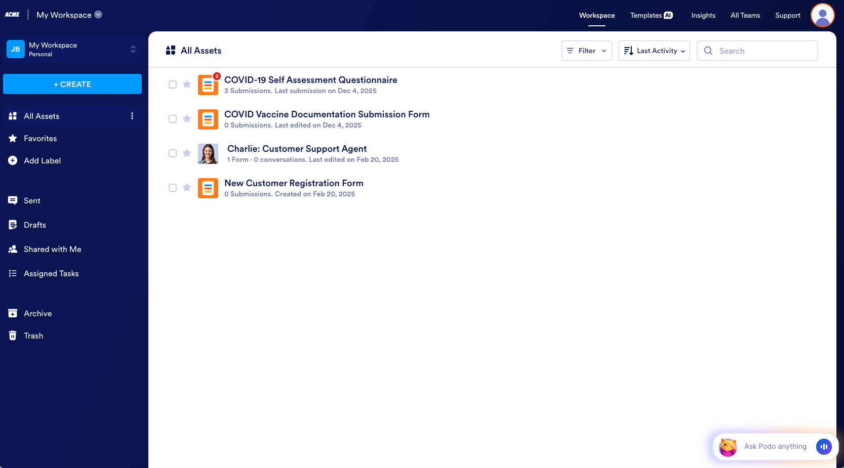 screenshot of the My Workspace screen in Jotform, showing the Create button