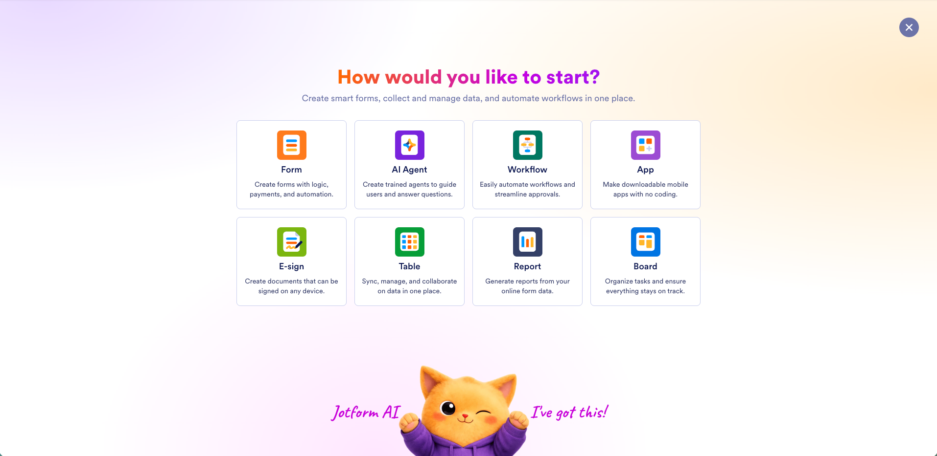 screenshot of the Jotform AI product list, including the App option