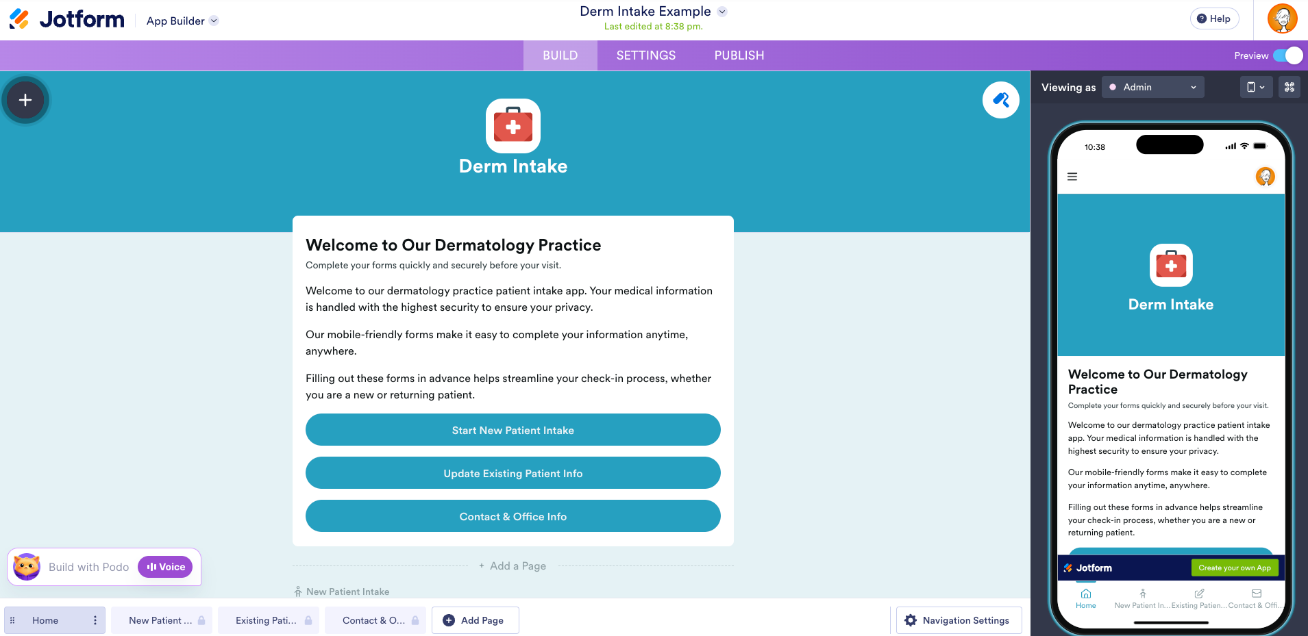 screenshot of a finished app for a dermatology practice based on the prompt
