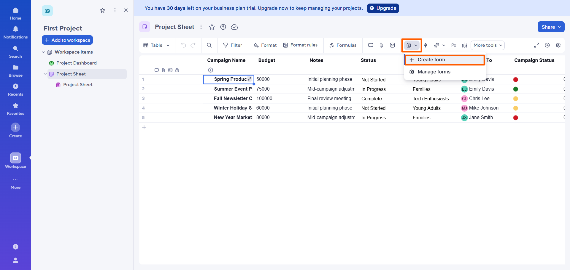 Smartsheet interface with the form icon and "Create form" option highlighted