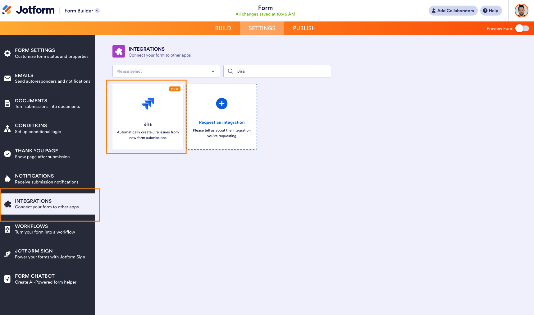 Clicking on the Integrations tab and then searching for Jira