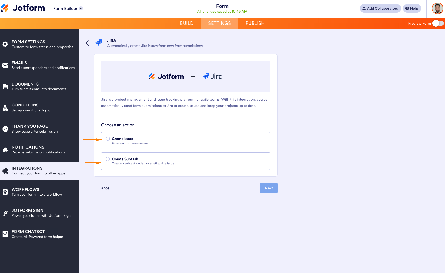 Viewing the actions under the Jira integration "Create Issue" and "Create Subtask"