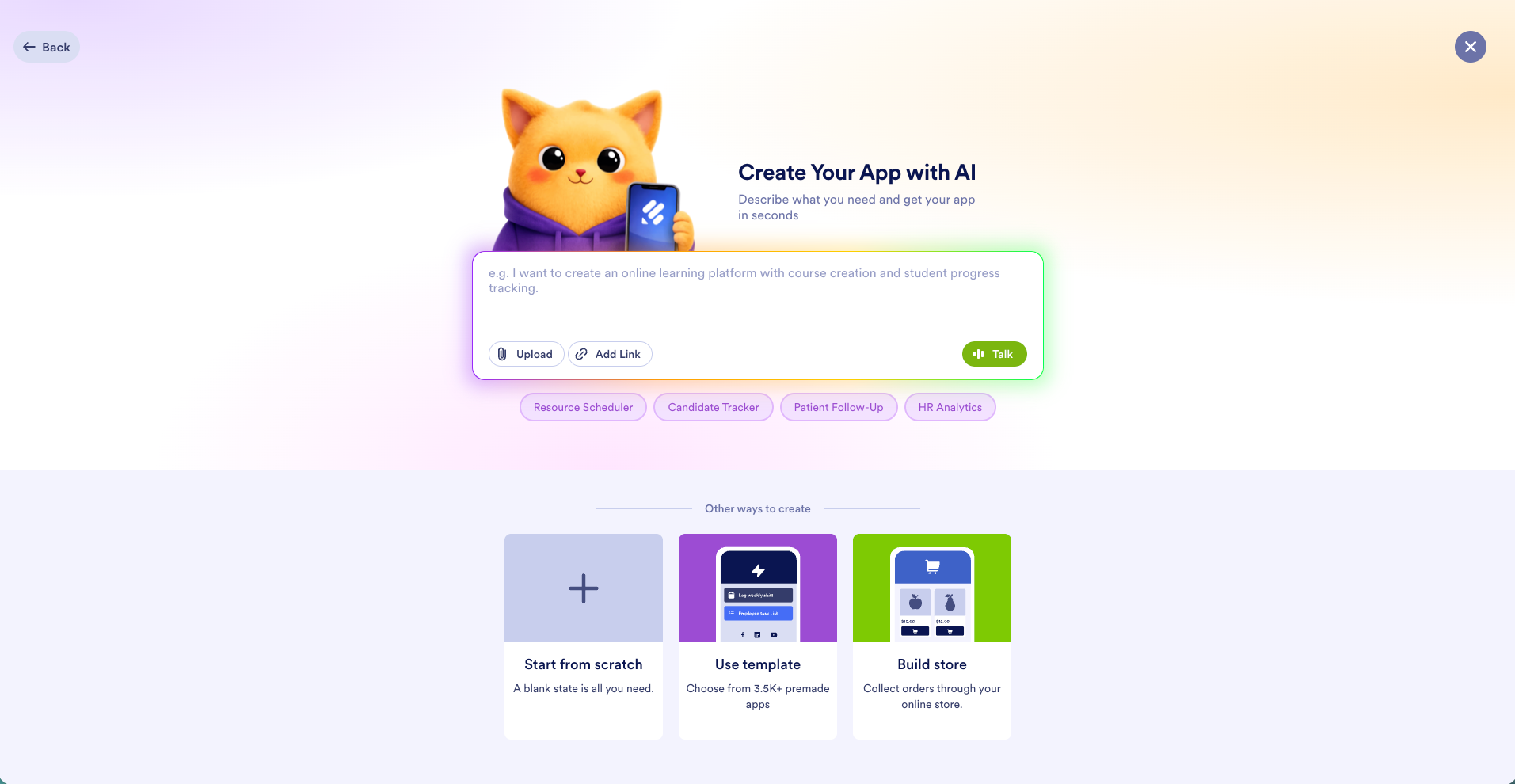 Viewing the Create Your App with AI page in Jotform AI App Builder