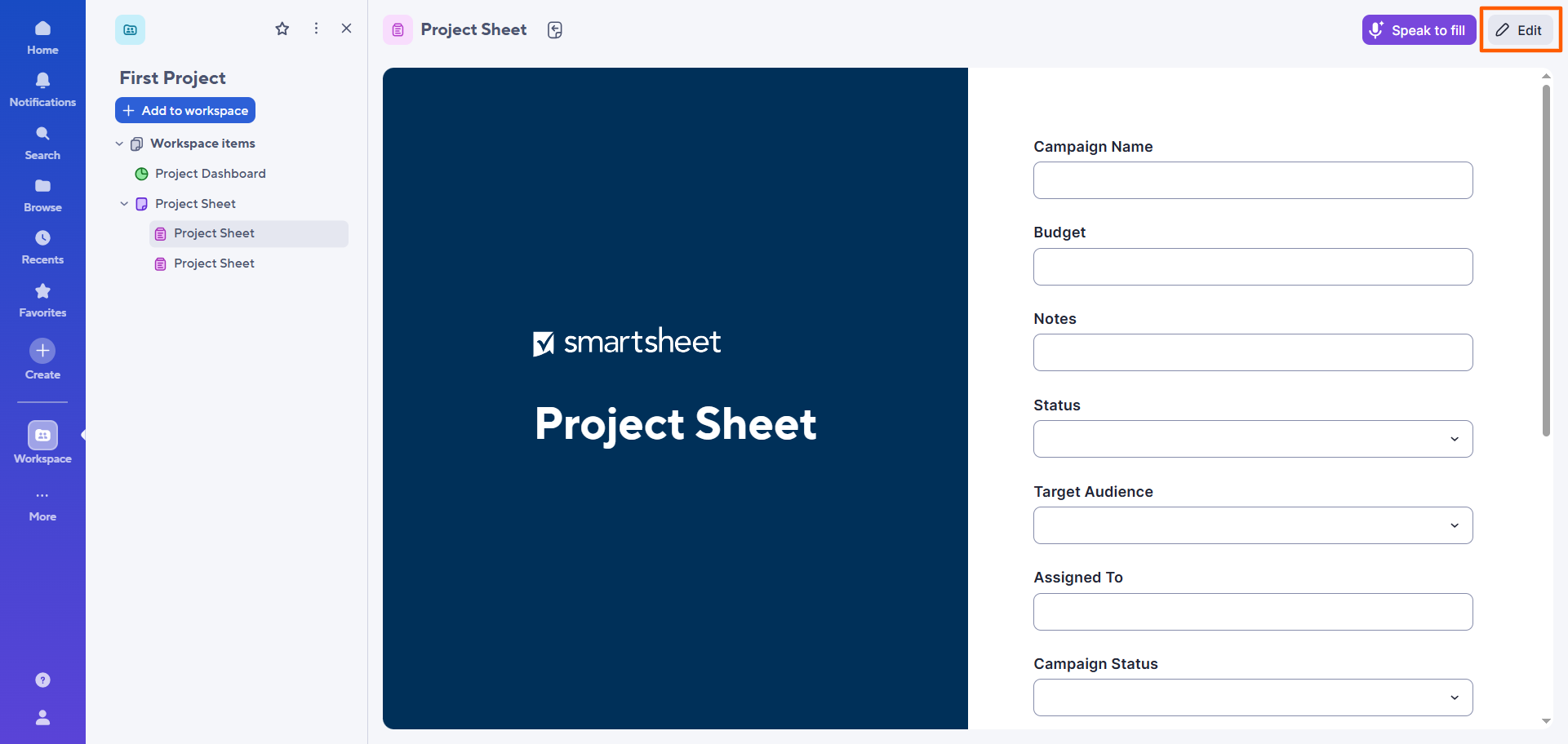 Smartsheet interface showing the form screen, with the "Edit" button highlighted