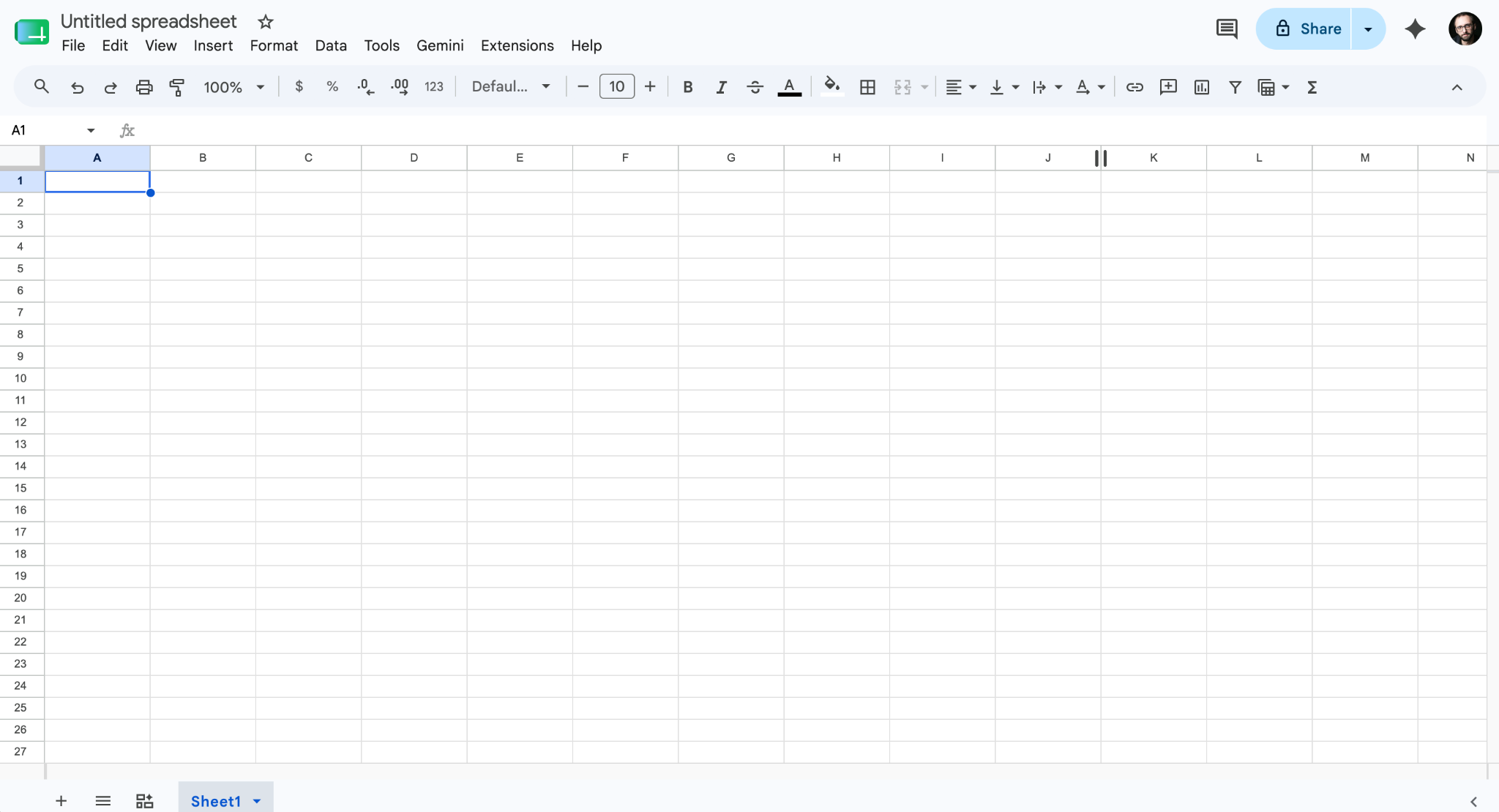 Screenshot of a Google Sheets document with a blank spreadsheet open