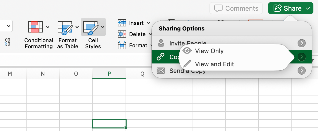Screenshot of Microsoft Excel’s sharing options menu showing view-only and edit-access choices