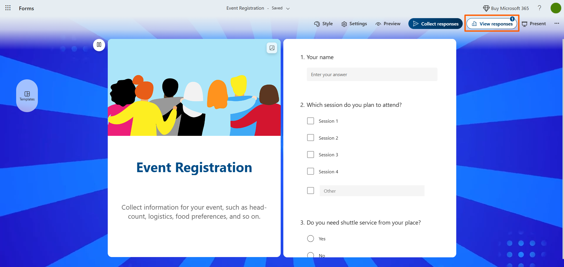 Microsoft Forms interface with the "View responses" button in the top-right corner highlighted
