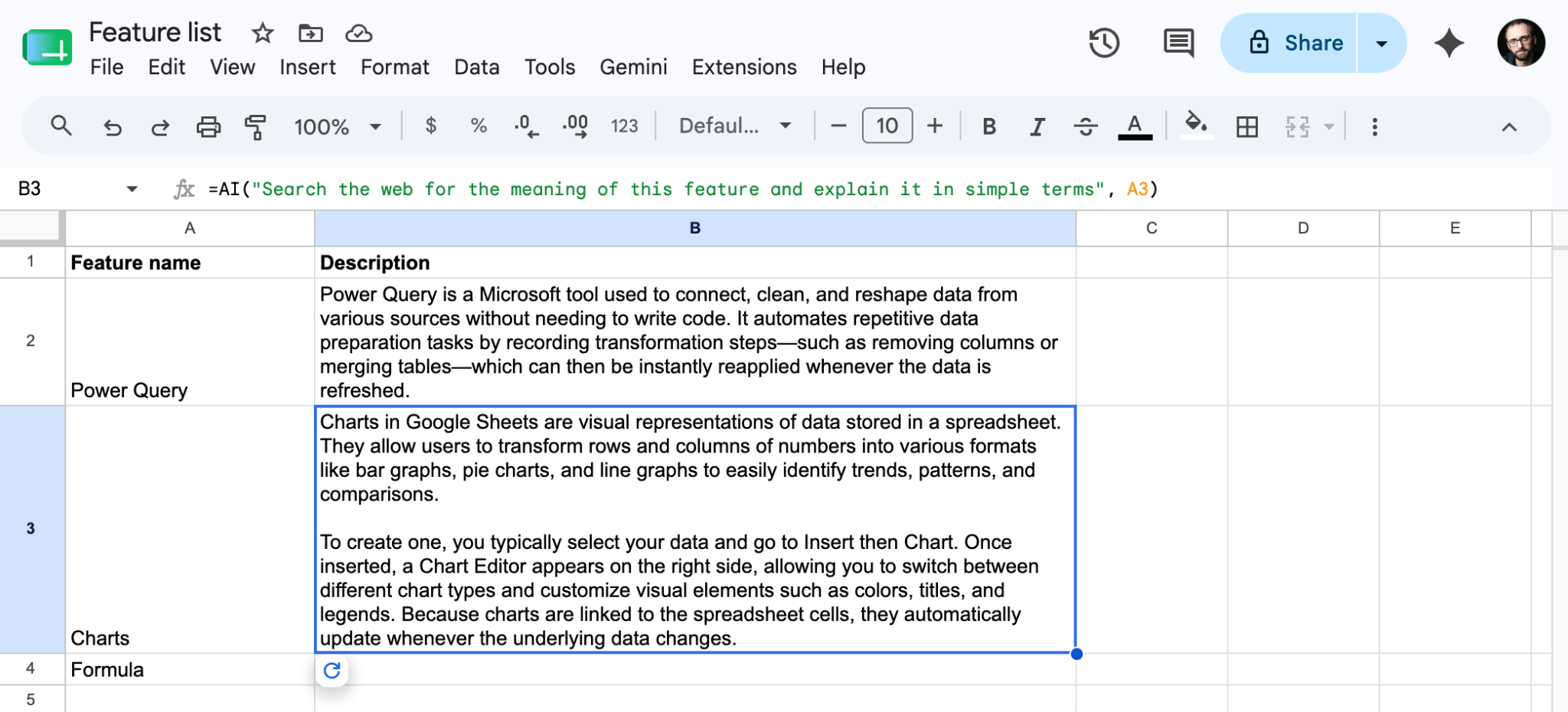 Screenshot of a Google Sheets spreadsheet with a selected data range, a column chart, and the Chart editor panel open