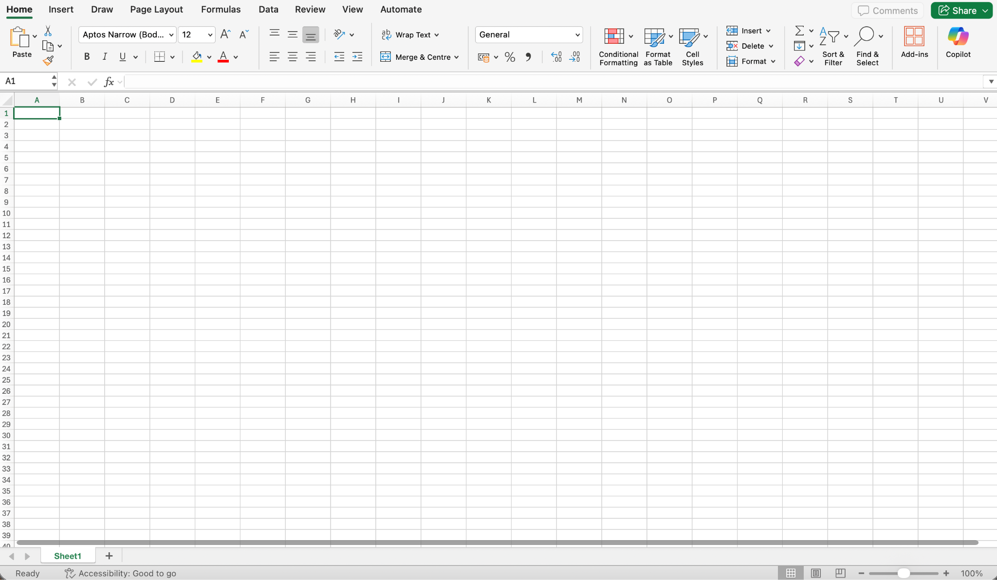 Screenshot of a blank Microsoft Excel spreadsheet open on a desktop, with the Excel ribbon and worksheet grid visible