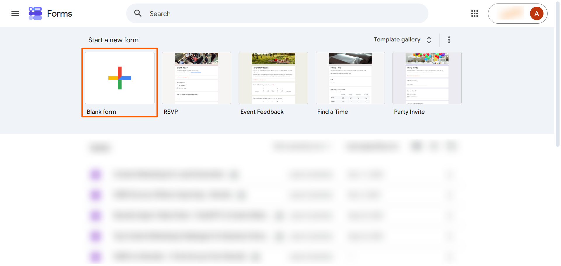 Google Forms homepage showing the "Start a new form" options, with "Blank form" highlighted